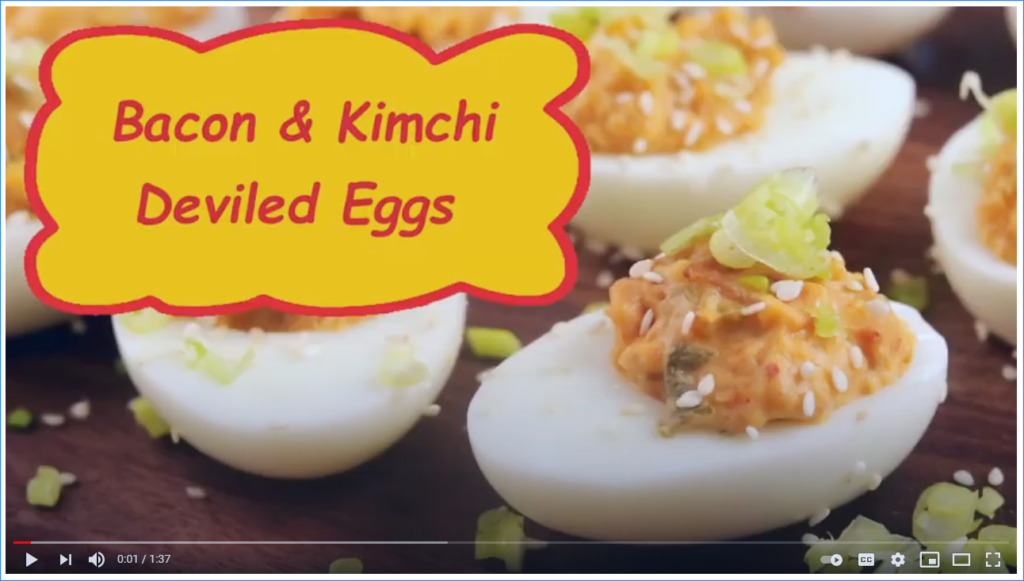 Video freeze frame of "Bacon and Kimchi Deviled Eggs" YouTube video. Click to learn about getting a customized keto diet plan designed based on your activity level, food preferences, weight goals, and other personal criteria. 