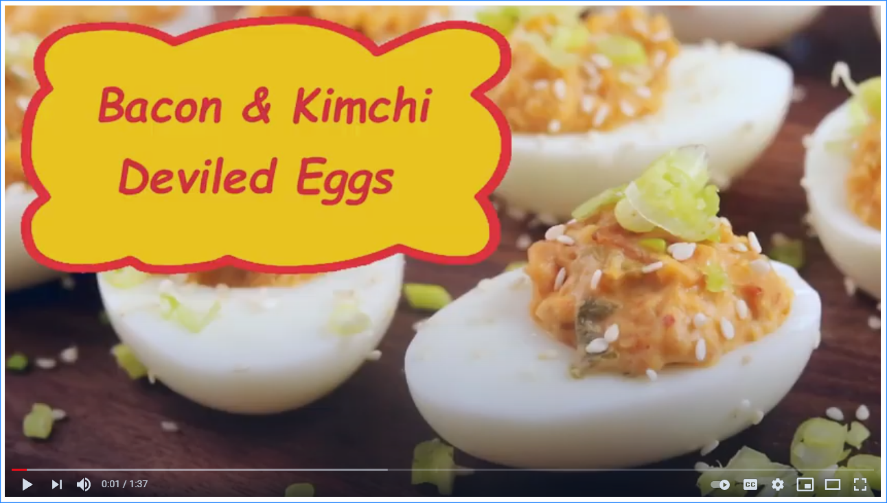 Video freeze frame of "Bacon and Kimchi Deviled Eggs" YouTube video. Click to learn about getting a customized keto diet plan designed based on your activity level, food preferences, weight goals, and other personal criteria.