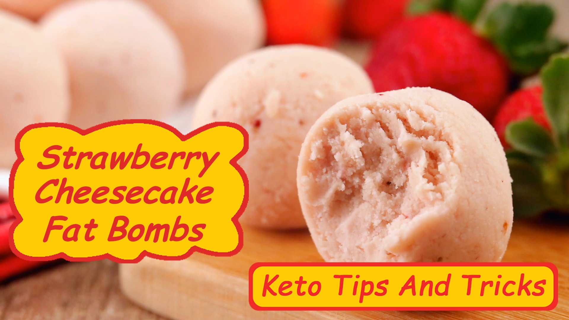 Thumbnail from "Keto Strawberry Cheesecake Fat Bombs" recipe video.
