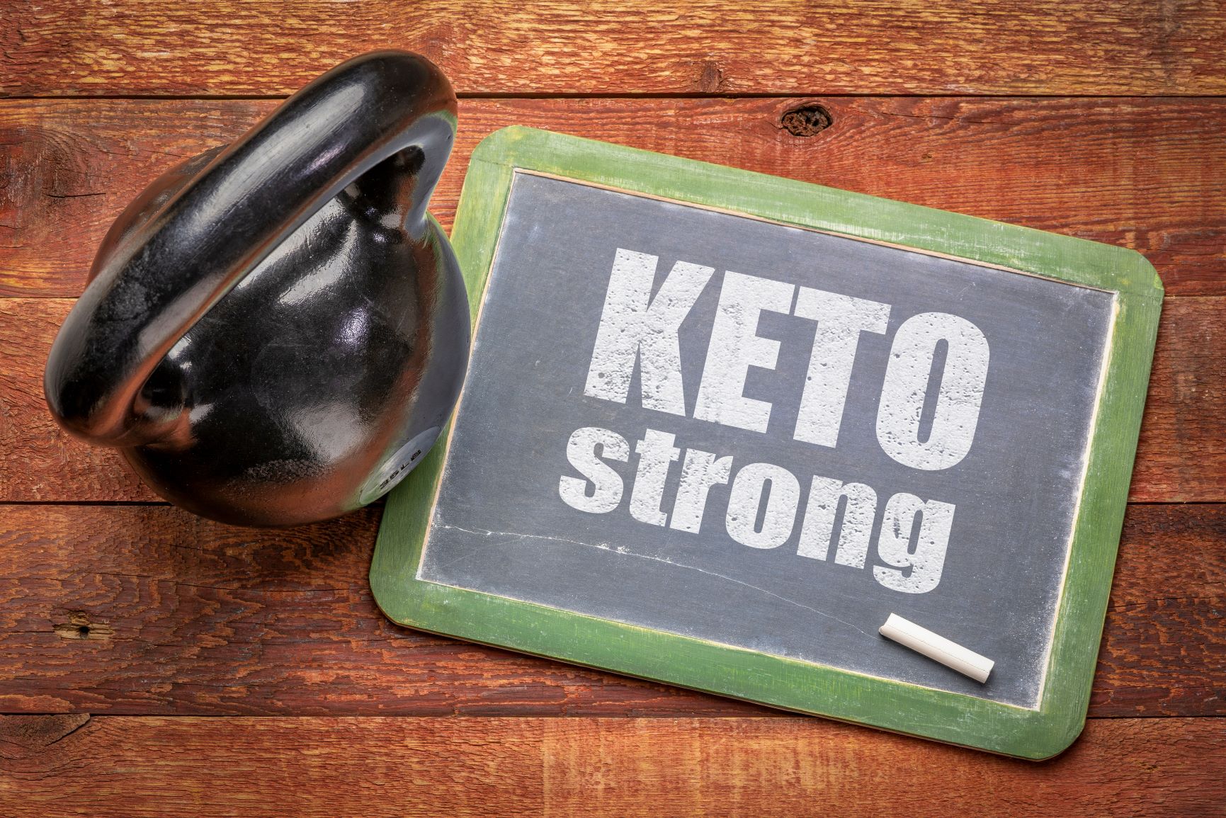 Photograph of a chalkboard with the words 'keto strong' and a kettle bell weight. Click to get your personalized custom keto diet plan.