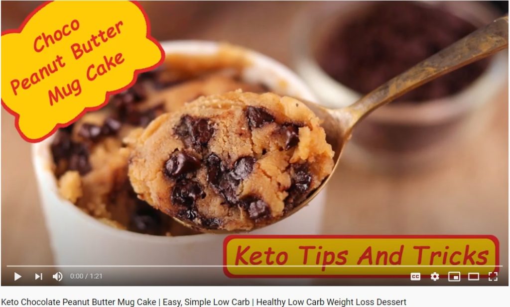 Video capture of "Keto Chocolate Peanut Butter Mug Cake" recipe on YouTube. Click to watch full video.