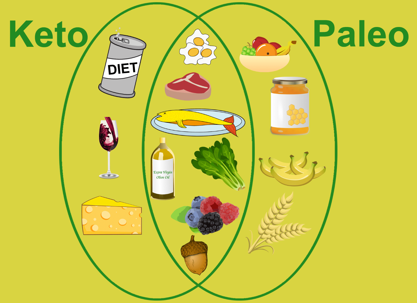 Venn diagram of the keto versus the paleo diets. Click to get you own custom keto meal plan.