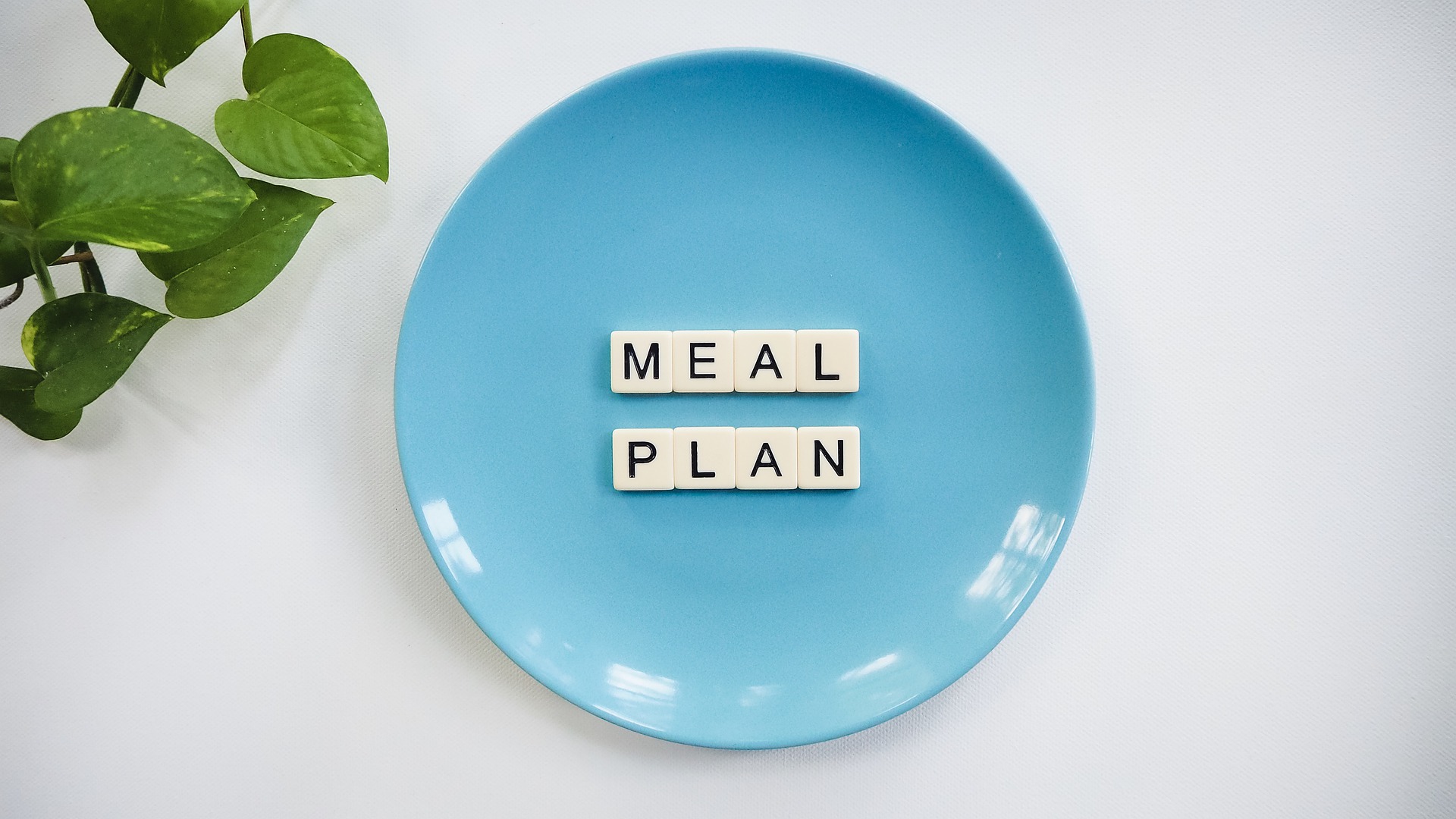 Photograph of a blue plate with tiles spelling "meal plan" on it used to illustrate, "